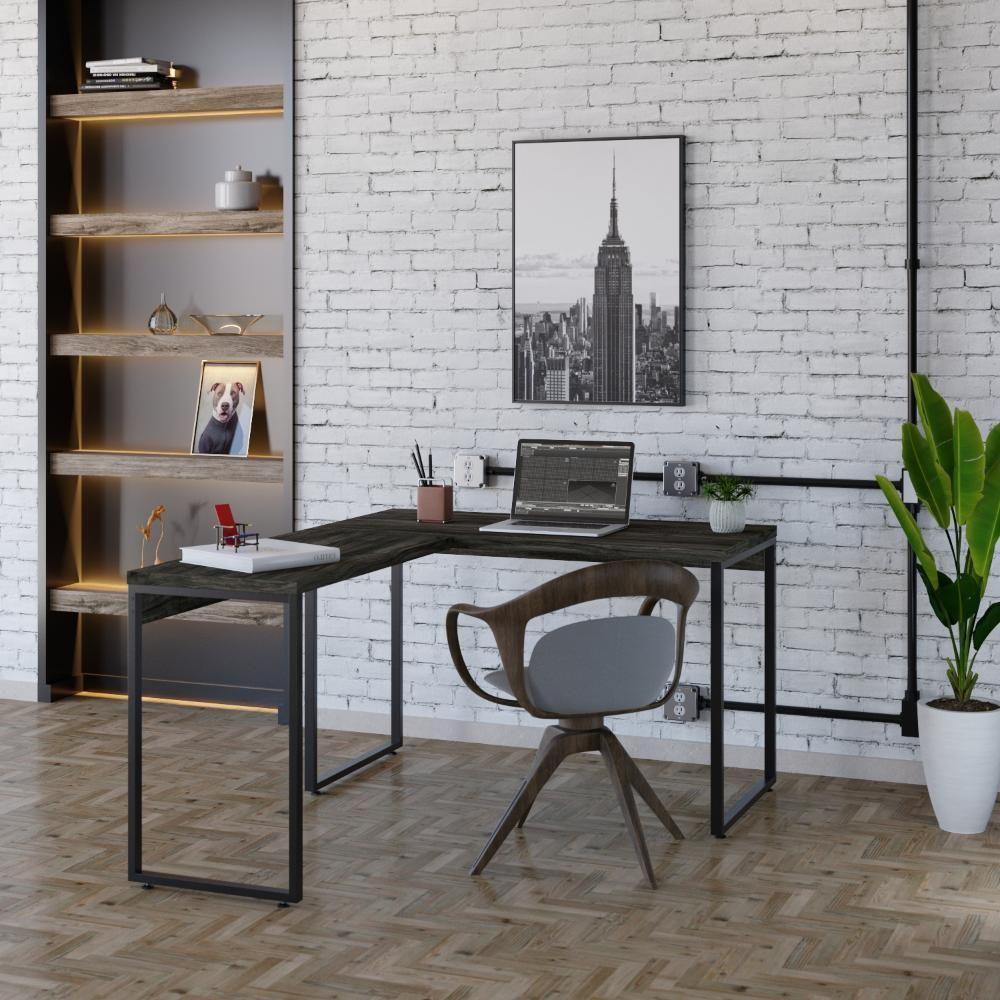Mesa Em L Kuadra Office 120x150x75cm Carvalho Dark - Est.preta Carvalho Dark - Est.preta - 2