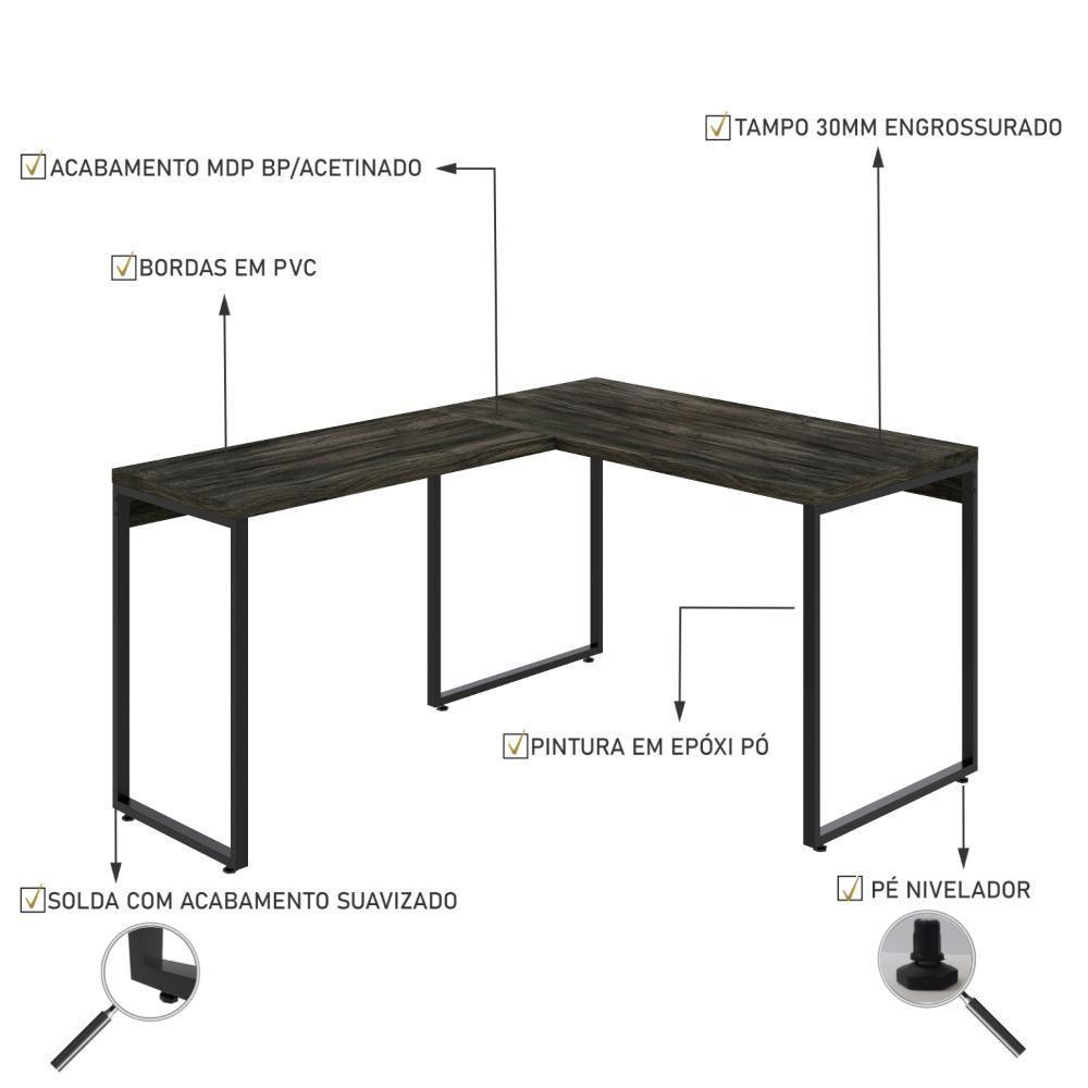 Mesa Em L Kuadra Office 120x150x75cm Carvalho Dark - Est.preta Carvalho Dark - Est.preta - 3