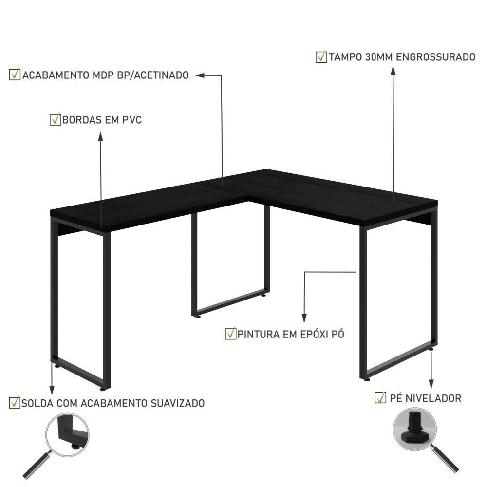 Mesa Em L Kuadra Office 120x150x75cm Preto ônix - Est.preta Preto ônix - Est.preta - 3