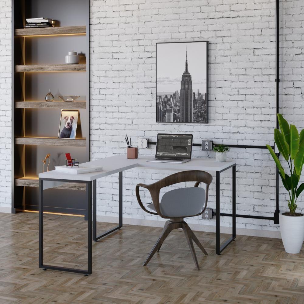 Mesa Em L Kuadra Office 120x150x75cm Branco Chess - Est.preta Branco Chess - Est.preta - 2