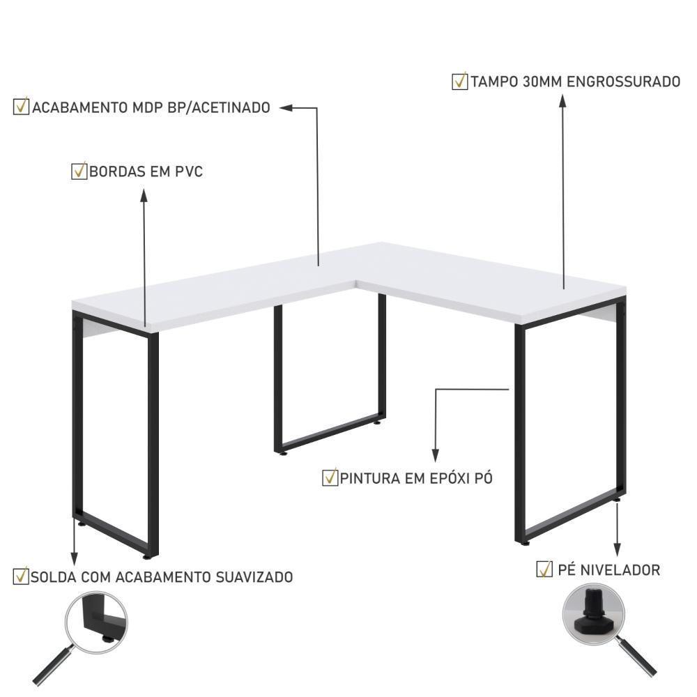 Mesa Em L Kuadra Office 120x150x75cm Branco Chess - Est.preta Branco Chess - Est.preta - 3