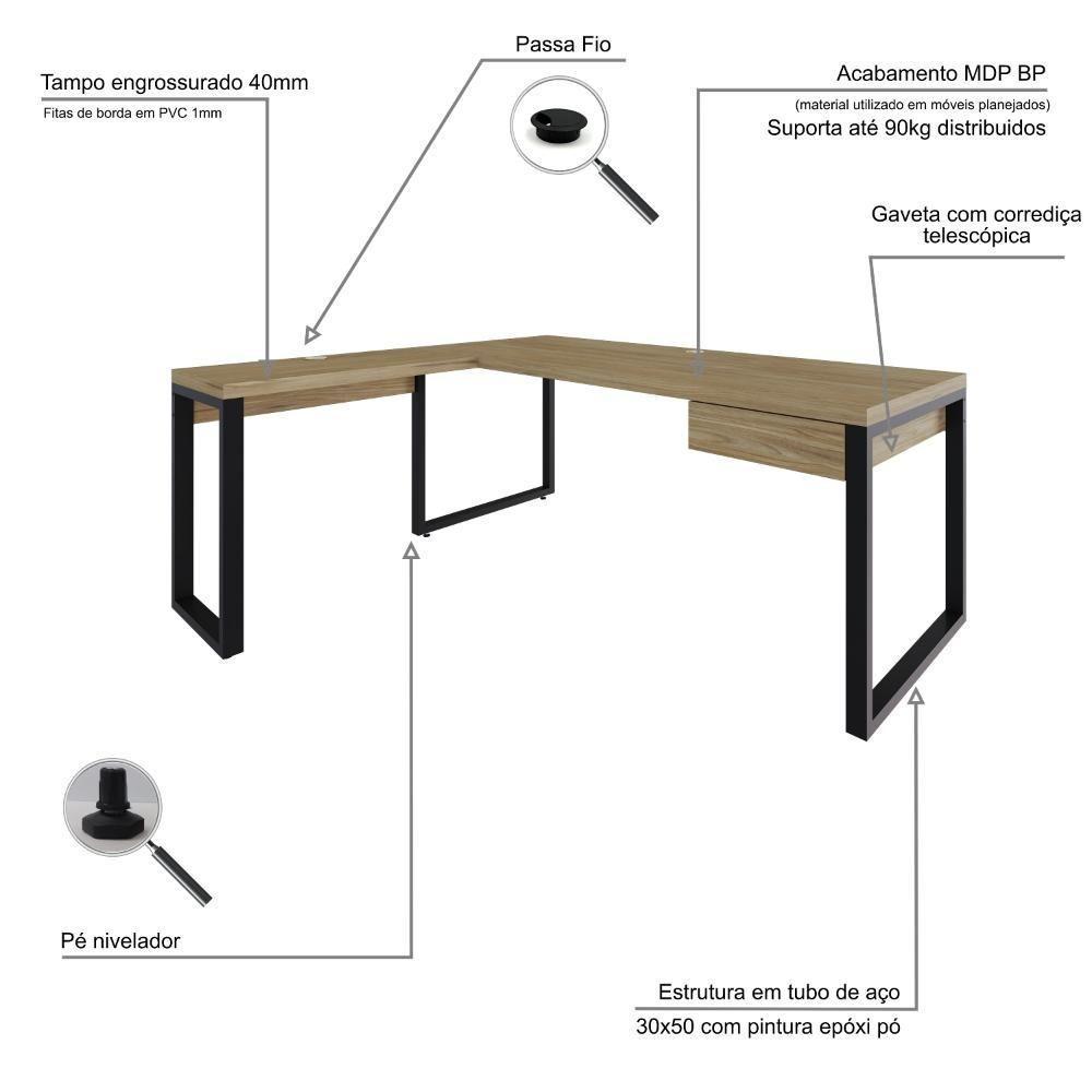 Mesa Em L Presidente C-01 Gav. 190x160x75cm Yon Vermont Oak-est.preta Vermont Oak-est.preta - 3