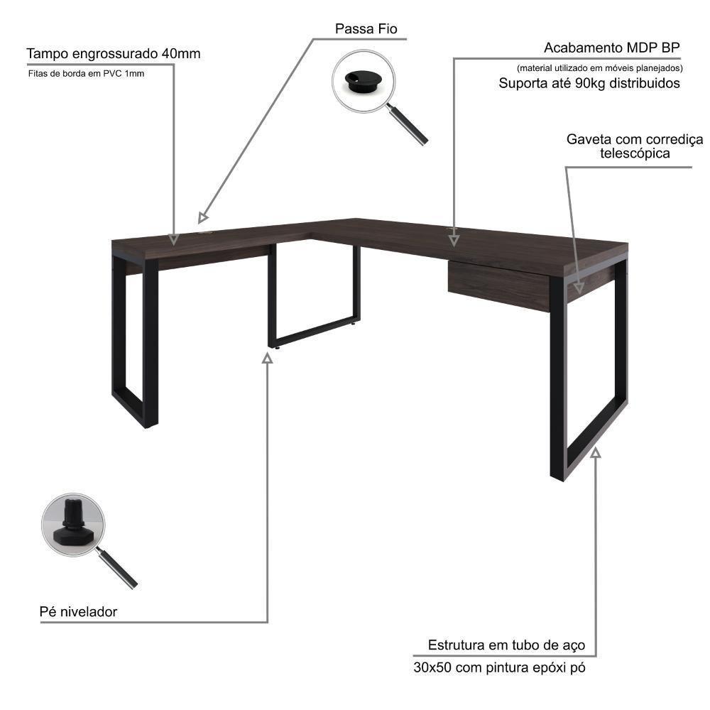 Mesa Em L Presidente C-01 Gav. 190x160x75cm Yon Terracota-est.preta Terracota-est.preta - 7