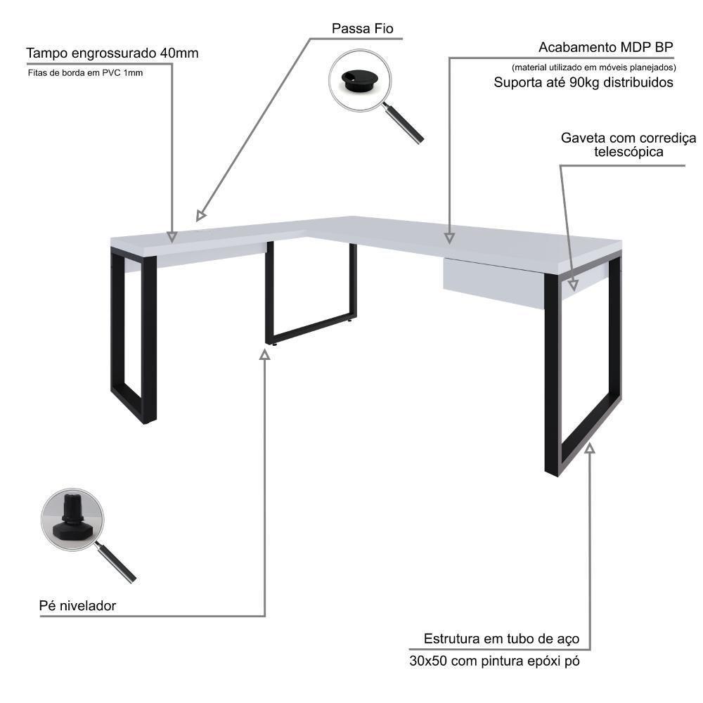 Mesa Em L Presidente C-01 Gav. 190x160x75cm Yon Branco Tx-est.preta Branco Tx-est.preta - 4