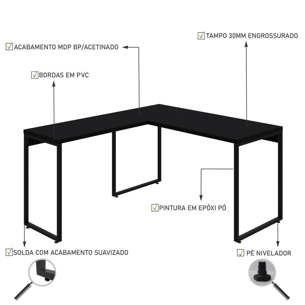 Mesa Em L Kuadra Office 135x150x75cm Preto ônix - Est.preta Preto ônix - Est.preta - 3