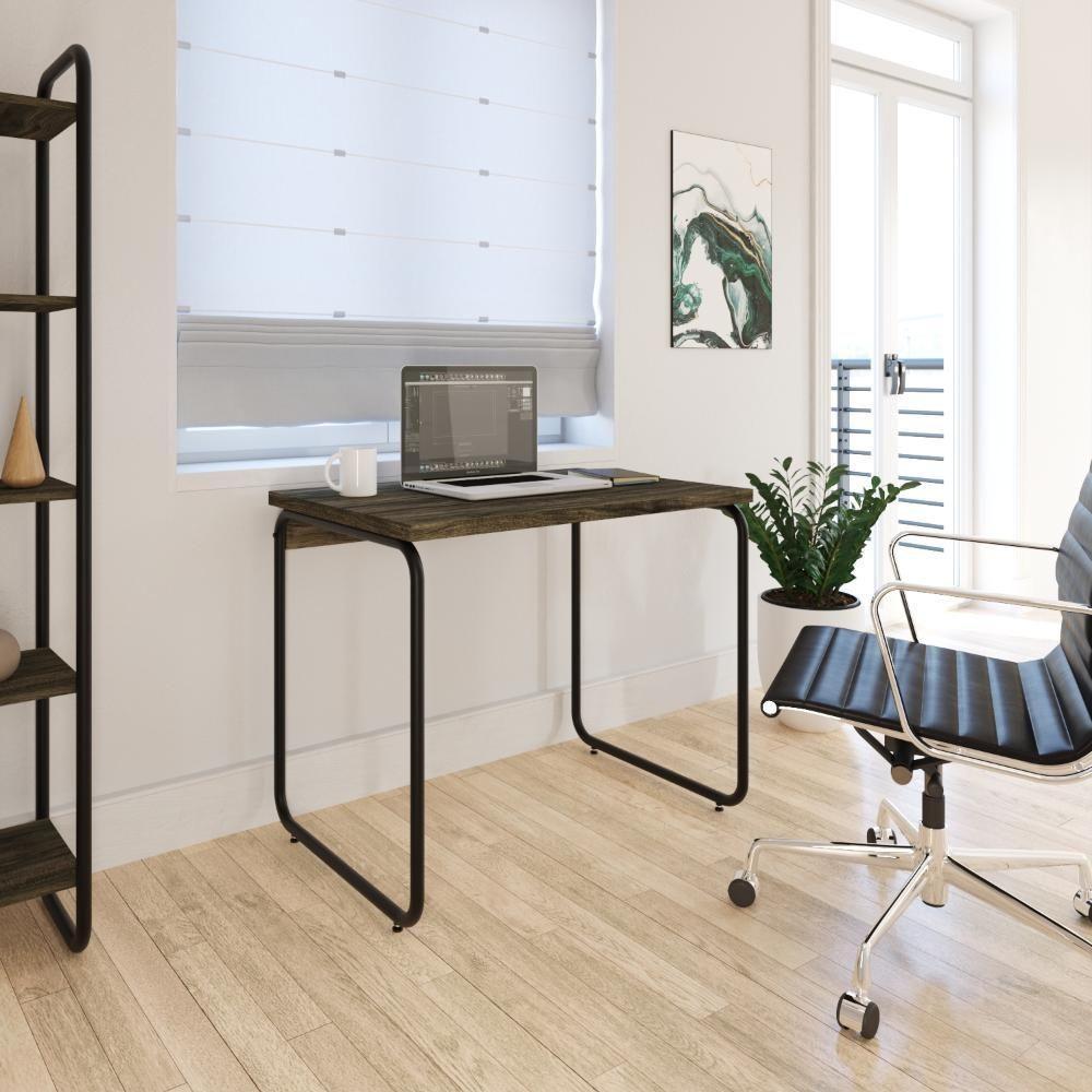 Mesa Office 90x60x75cm Round Carvalho Dark - Est.preta Carvalho Dark - Est.preta - 2