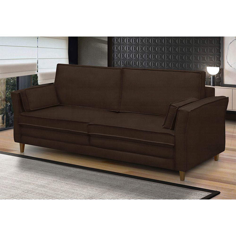 Sofá Living 3 Lugares 200Cm Pés Madeira Efraim F05 Veludo Marrom - Mpozenato - 4