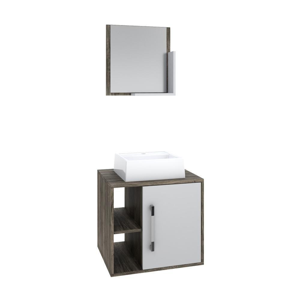 Conjunto Balcão C-cuba Q32 E Espelheira Soft 500 Carvalho Dark Carvalho Dark C-branco Chess - 1