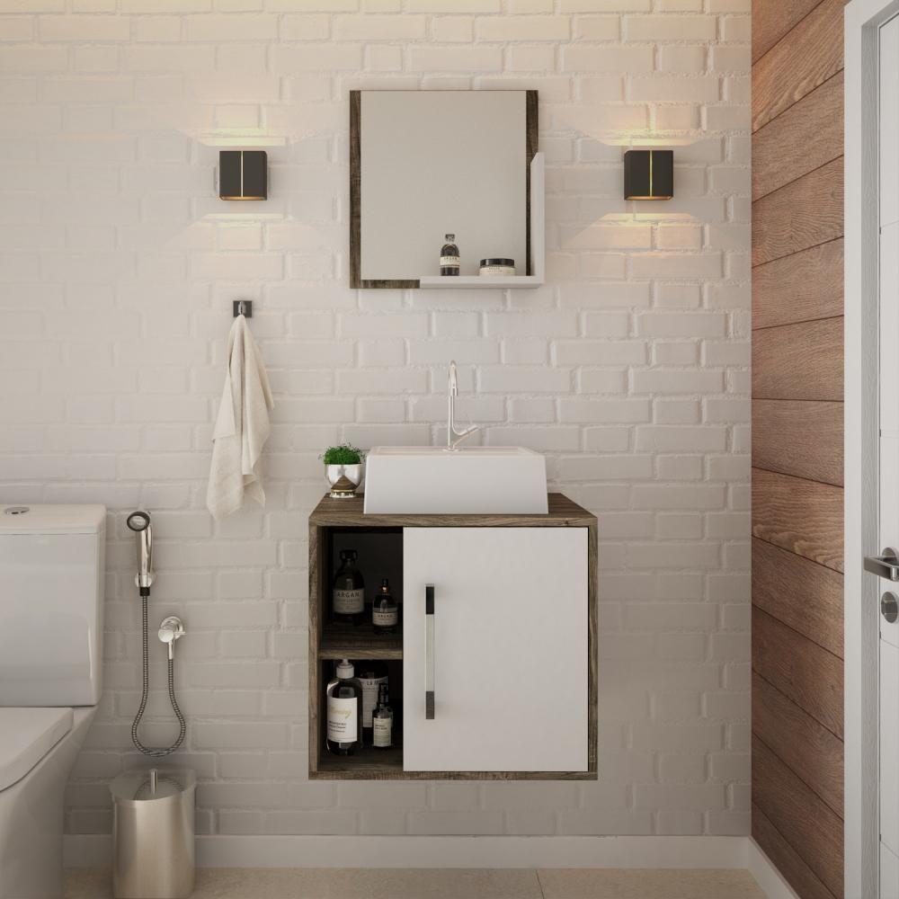 Conjunto Balcão C-cuba Q32 E Espelheira Soft 500 Carvalho Dark Carvalho Dark C-branco Chess - 3