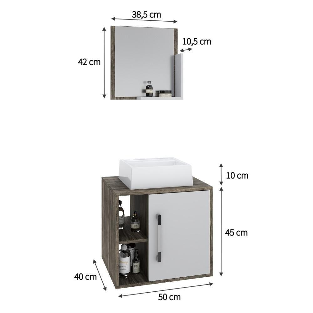 Conjunto Balcão C-cuba Q32 E Espelheira Soft 500 Carvalho Dark Carvalho Dark C-branco Chess - 6