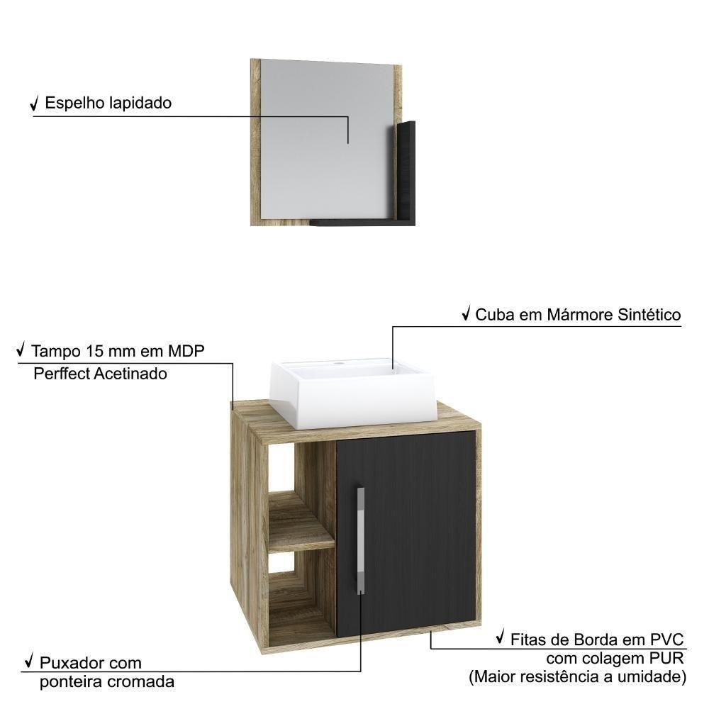 Conjunto Balcão C-cuba Q32 E Espelheira Soft 500 Carvalho C-branco Chess Carvalho C-preto ônix - 4