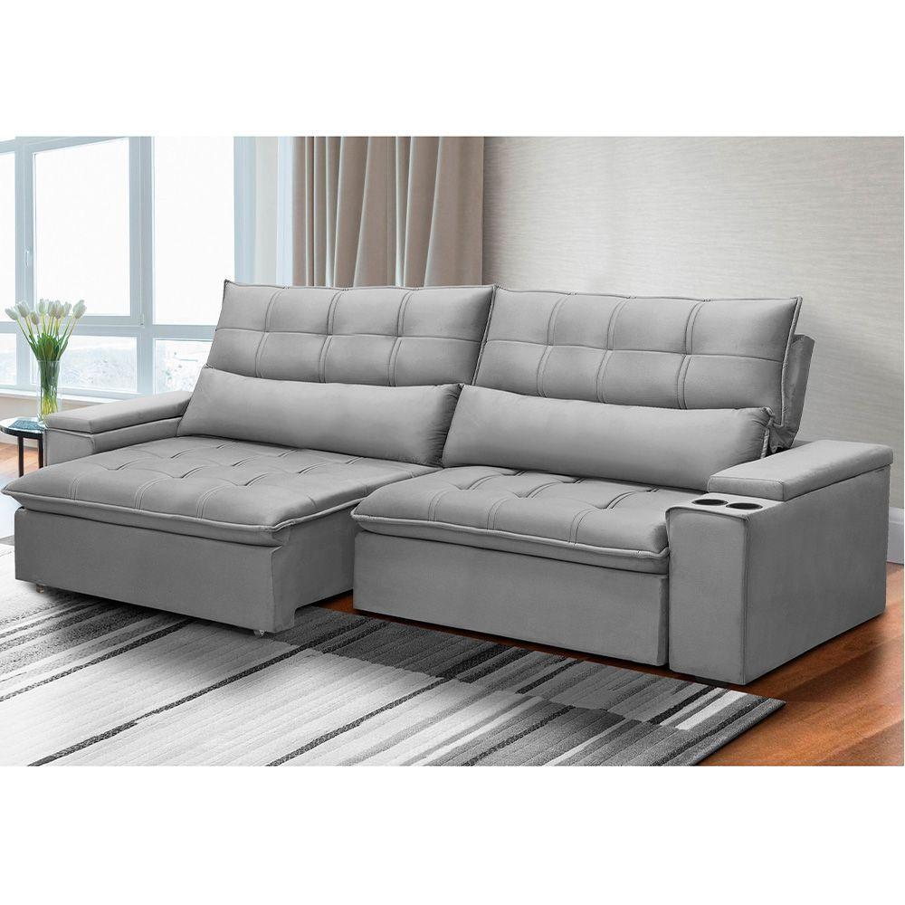 Sofá Retrátil Reclinável 3 Lugares 250Cm Moritz F05 Veludo Prata - 4