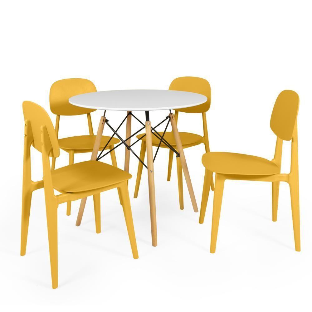 Conjunto Mesa De Jantar Redonda Eiffel Branca 80cm Com 4 Cadeiras Itália - Amarelo - 1