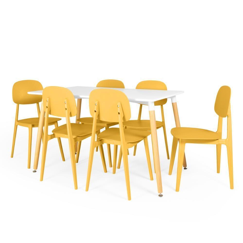 Conjunto Mesa De Jantar Retangular Eiffel Branca 120x80cm Com 6 Cadeiras Itália - Amarelo - 1