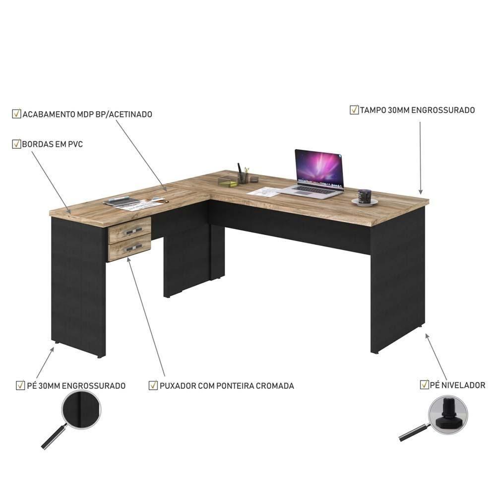 Mesa Para Escritório Em L 1,60x1,60m Tampo E Pés 30mm C-gav. Carvalho C-preto ônix - 3