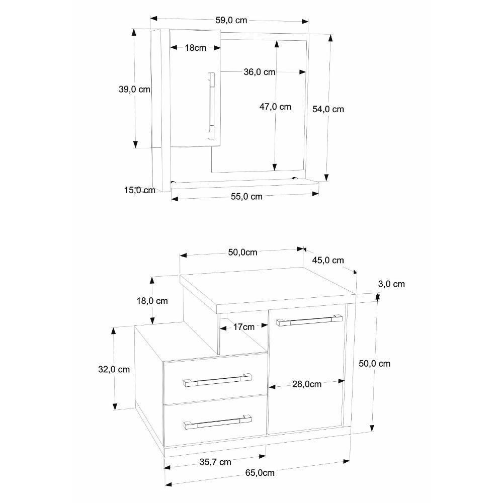 Gabinete Para Banheiro C-cuba Q355 E Espelheira Legno 650 Branco Chess C-carvalho Dark - 2
