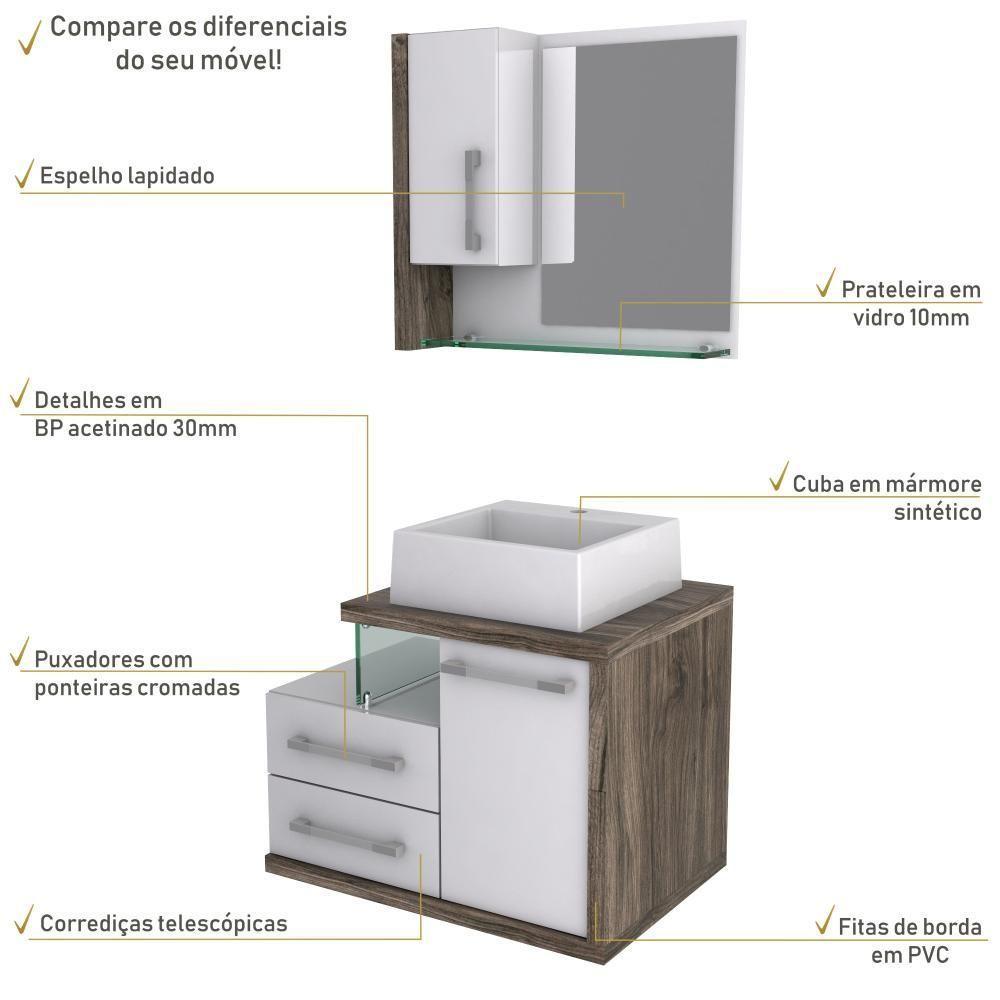 Gabinete Para Banheiro C-cuba Q355 E Espelheira Legno 650 Branco Chess C-carvalho Dark - 5