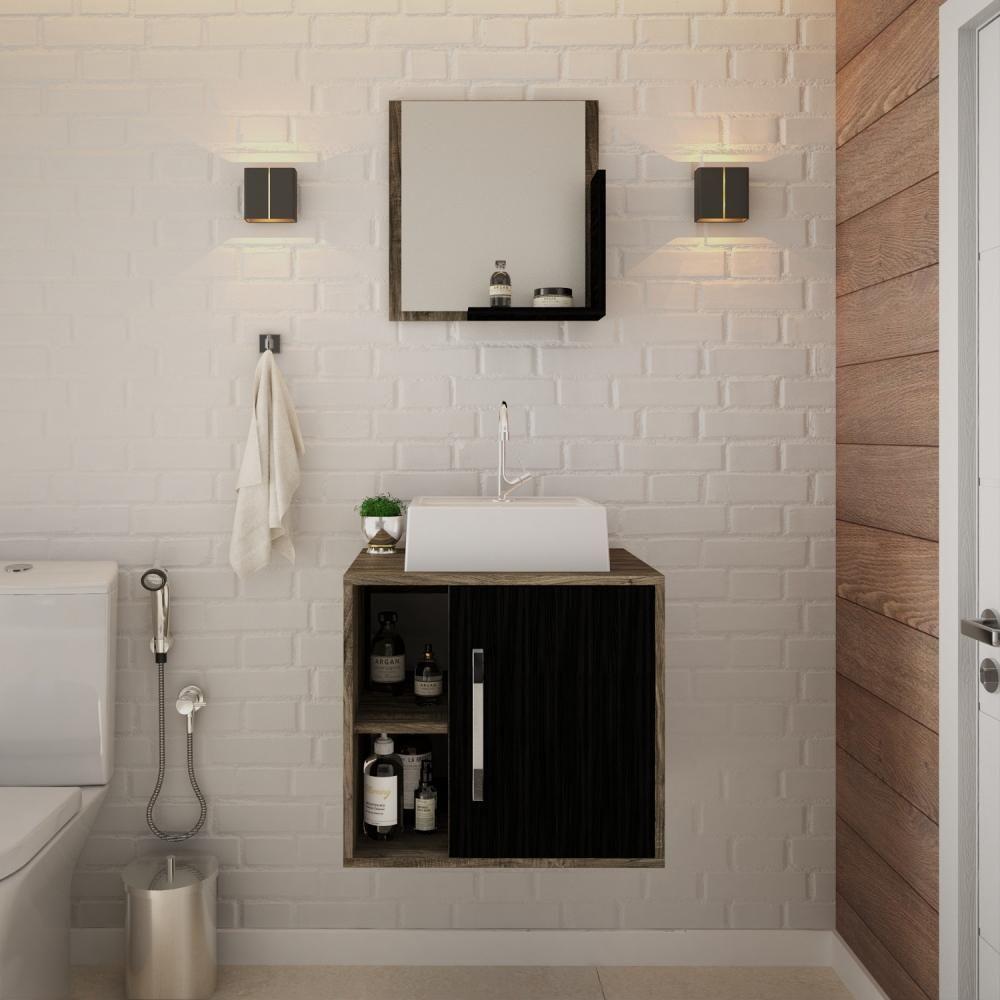 Conjunto Balcão C-cuba Q32 E Espelheira Soft 500 Carvalho Dark C-branco Chess Carvalho Dark C-preto ônix - 3