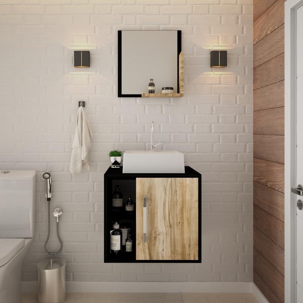 Conjunto Balcão C-cuba Q32 E Espelheira Soft 500 Preto ônix C-branco Chess Preto ônix C-carvalho - 3