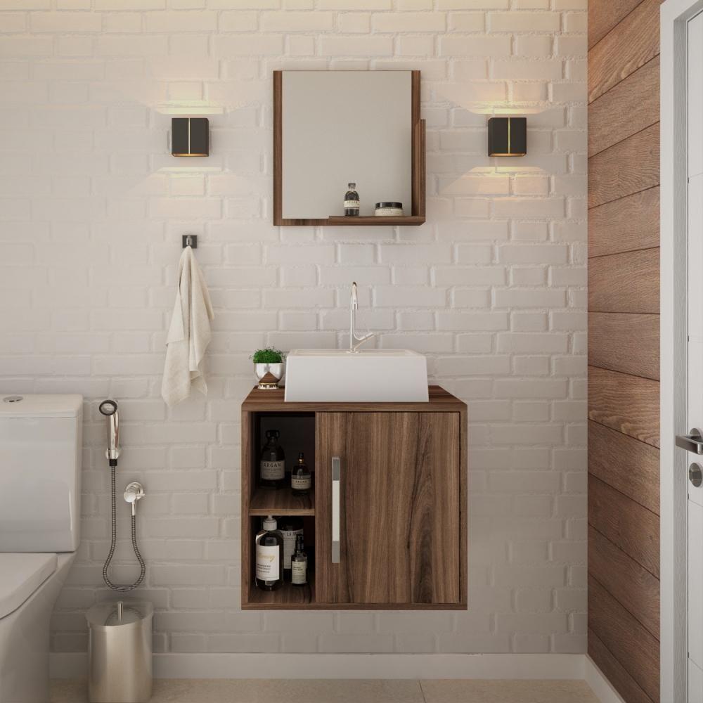 Conjunto Balcão C-cuba Q32 E Espelheira Soft 500 Carvalho Dark C-preto ônix Nogal - 3