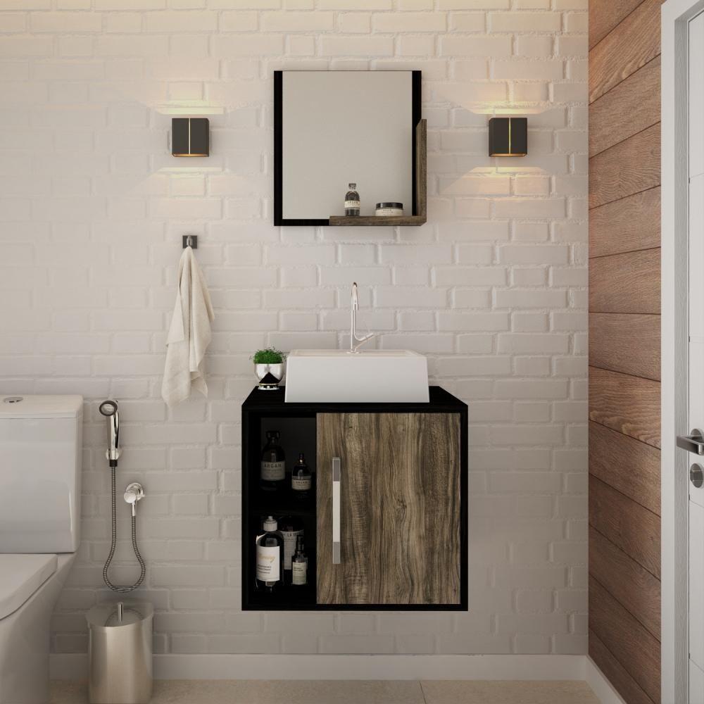 Conjunto Balcão C-cuba Q32 E Espelheira Soft 500 Preto ônix C-carvalho Preto ônix C-carvalho Dark - 3