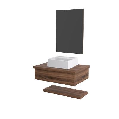 Conjunto Bancada C-cuba Q32, Prateleira E Espelheira Metrópole 606 Carvalho Dark Nogal