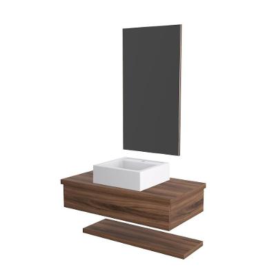 Conjunto Bancada C-cuba Q39, Prateleira E Espelheira Metrópole 806 Carvalho Dark Nogal