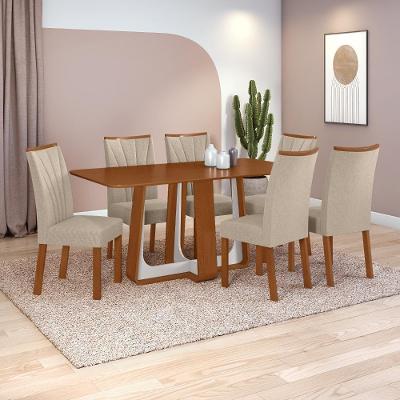 Conjunto de Jantar Easy Pop 6 Lugares Tampo MDF com Cadeiras Linho Rinzai Bege Frassino e Off White