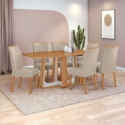 Conjunto Sala De Jantar Mesa Easy Pop 170x90cm Tampo Mdf Com 6 Cadeiras Confort Veludo Naturale Creme Amêndoa/off White
