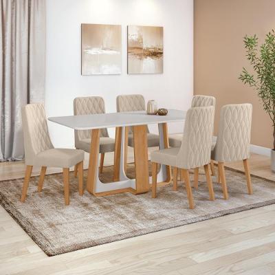 Conjunto Sala De Jantar Mesa Easy Pop 170x90cm Tampo Vidro/mdf Com 6 Cadeiras Seat Veludo Naturale Creme Amendoa/off
