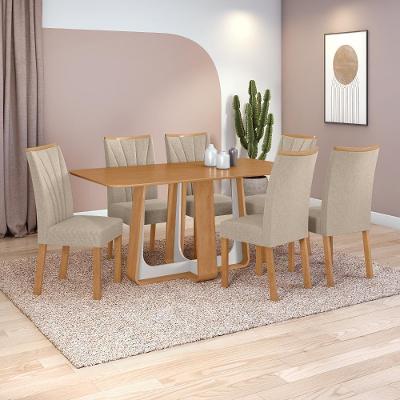 Conjunto Sala de Jantar Easy Pop 6 Lugares Tampo MDF com Cadeiras Linho Rinzai Bege Amêndoa Off