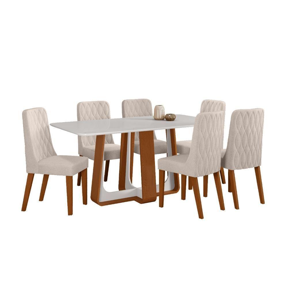 Conjunto Sala De Jantar Mesa Easy Pop 170x90cm Tampo Vidro/mdf Com 6 Cadeiras Seat Boucle Bege Frassino/off White - 2