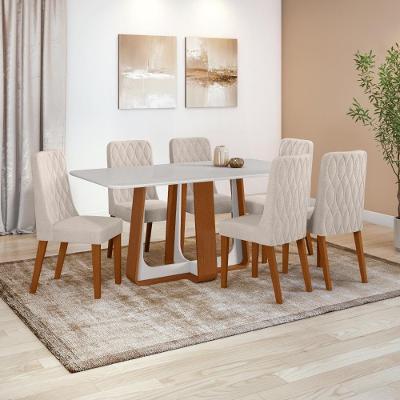 Conjunto Sala De Jantar Mesa Easy Pop 170x90cm Tampo Vidro/mdf Com 6 Cadeiras Seat Boucle Bege Frassino/off White