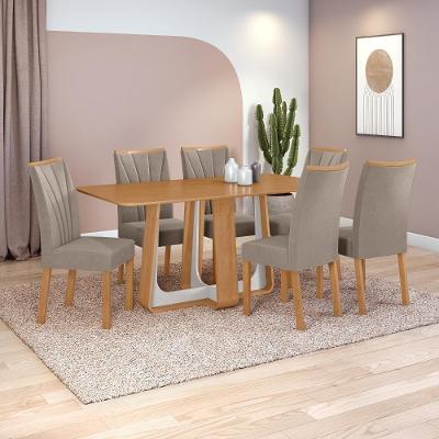 Conjunto de Jantar Easy Pop 6 Lugares Tampo MDF com Cadeiras Suede Animale Bege Amêndoa Off White