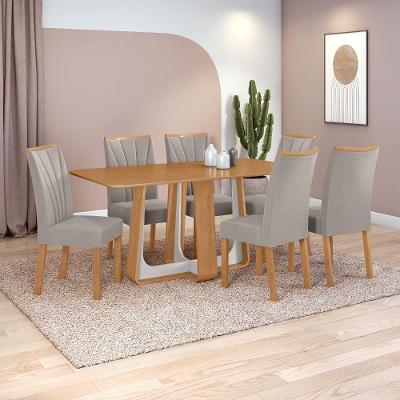 Conjunto Sala De Jantar Mesa Easy Pop 170x90cm Tampo Mdf Com 6 Cadeiras Confort Veludo Liso Capuccino Amêndoa/off White