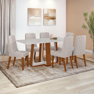 Conjunto Sala De Jantar Mesa Easy Pop 170x90cm Tampo Vidro/mdf Com 6 Cadeiras Seat Linho Mosaico Cinza Frassino/off