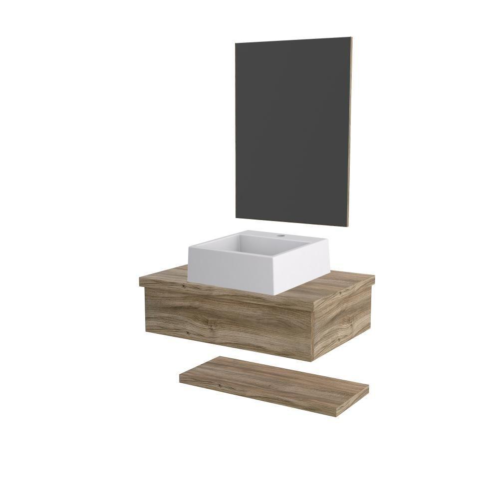 Conjunto Bancada C-cuba Q355, Prateleira E Espelheira Metrópole 606 Branco Chess Carvalho - 1