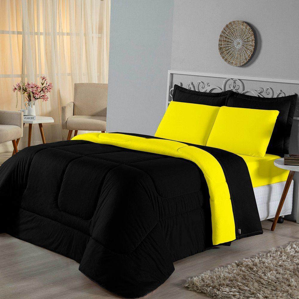 Edredom Casal Dupla Face Malha 100% Algodão 1 Peça - Preto-amarelo - 1