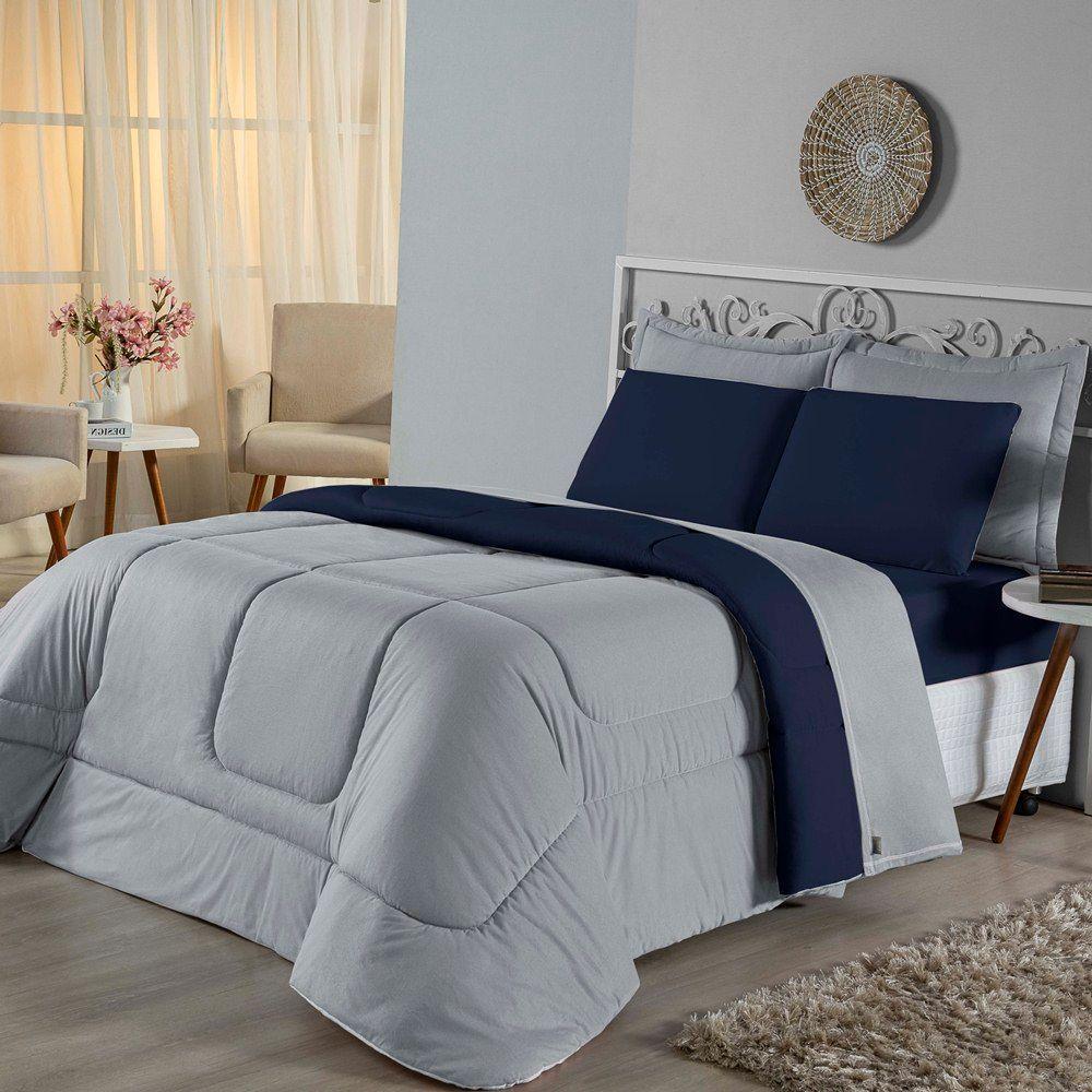 Edredom Queen Dupla Face Malha 100% Algodão 1 Peça - Azul Marinho-cinza - 2