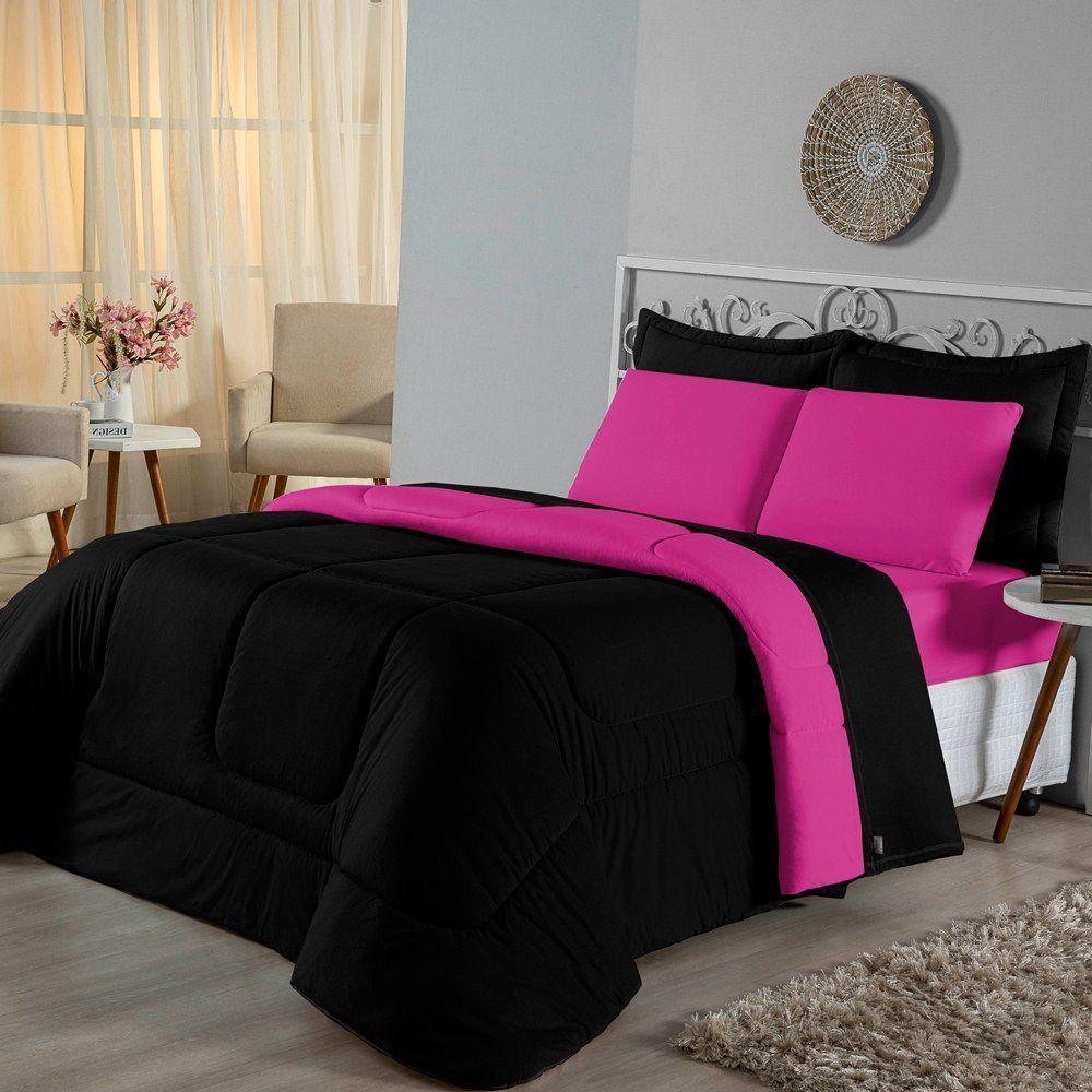 Edredom Queen Dupla Face Malha 100% Algodão 1 Peça - Preto-pink - 1