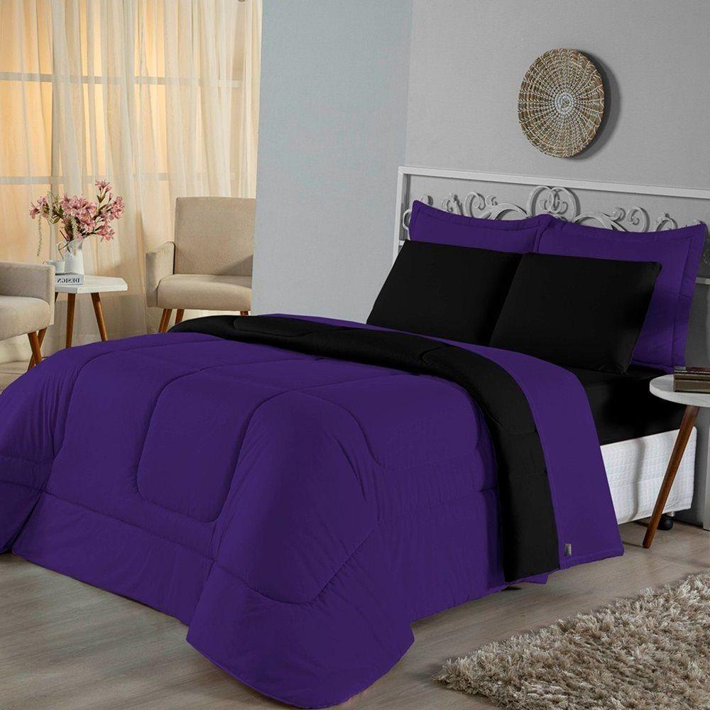 Edredom Queen Dupla Face Malha 100% Algodão 1 Peça - Roxo-preto - 1