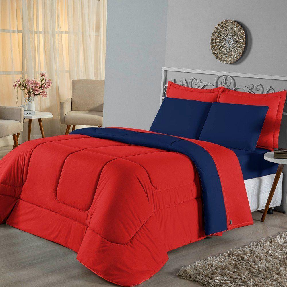 Edredom King Dupla Face Malha 100% Algodão 1 Peça - Vermelho-azul Marinho - 1