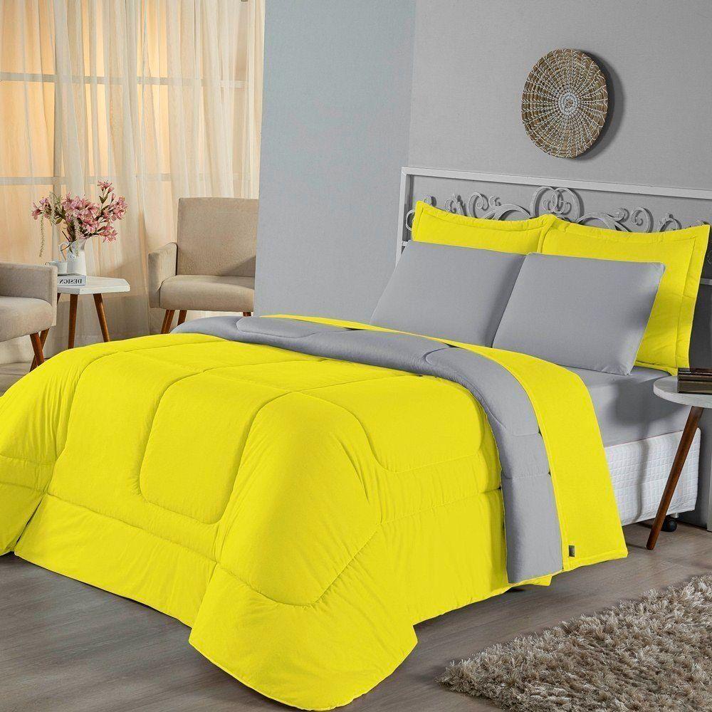 Edredom Solteiro Dupla Face Malha 100% Algodão 1 Peça - Amarelo-cinza - 1
