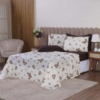 Jogo De Lençol Beatriz Casal 4 Peças Percal 180 Fios 100% Algodão Ponto Palito - Marrom Borboleta - 1