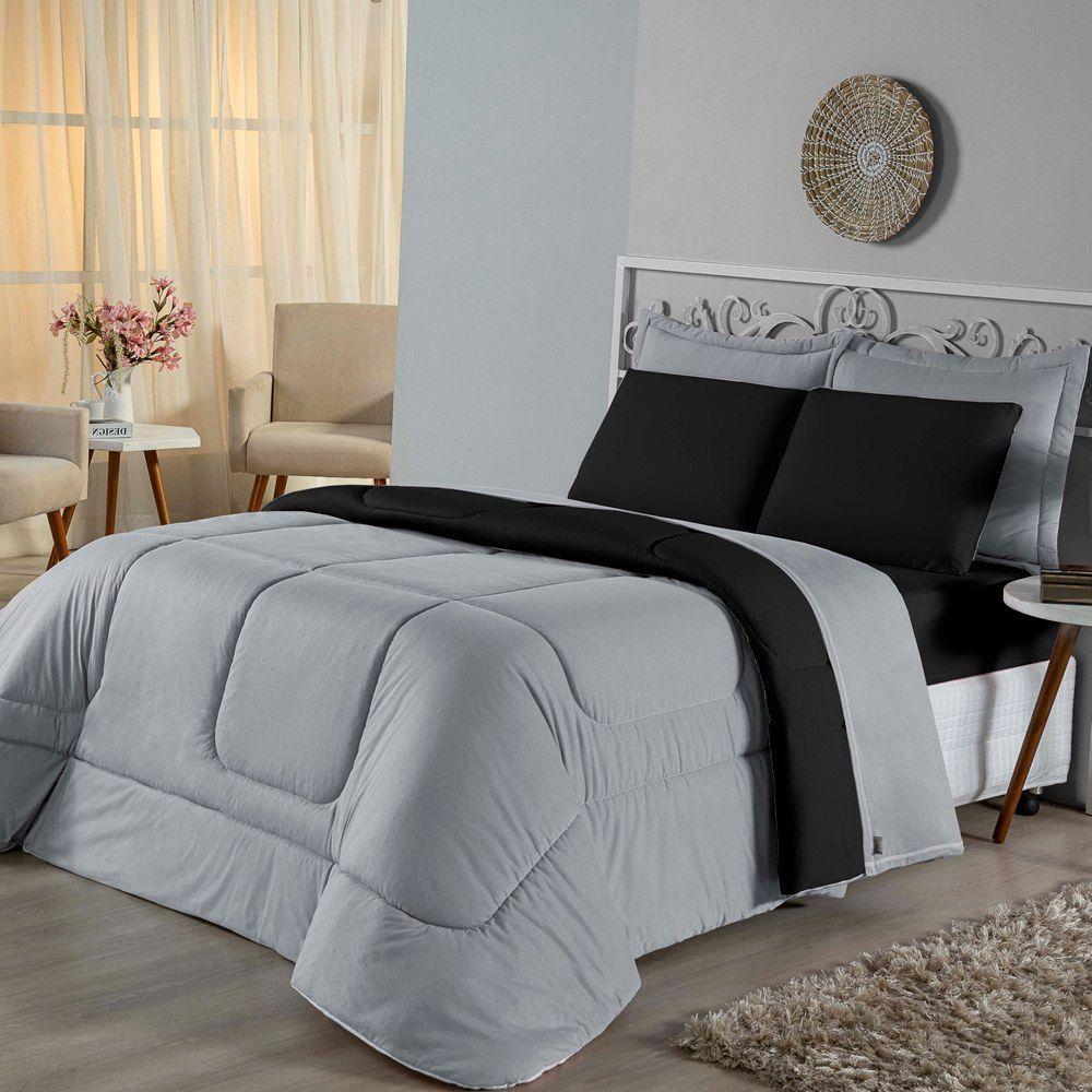 Edredom Solteiro Dupla Face Malha 100% Algodão 1 Peça - Preto-cinza - 2