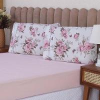 Jogo De Lençol Beatriz King 3 Peças Percal 180 Fios 100% Algodão Ponto Palito - Rosa Floral - 2