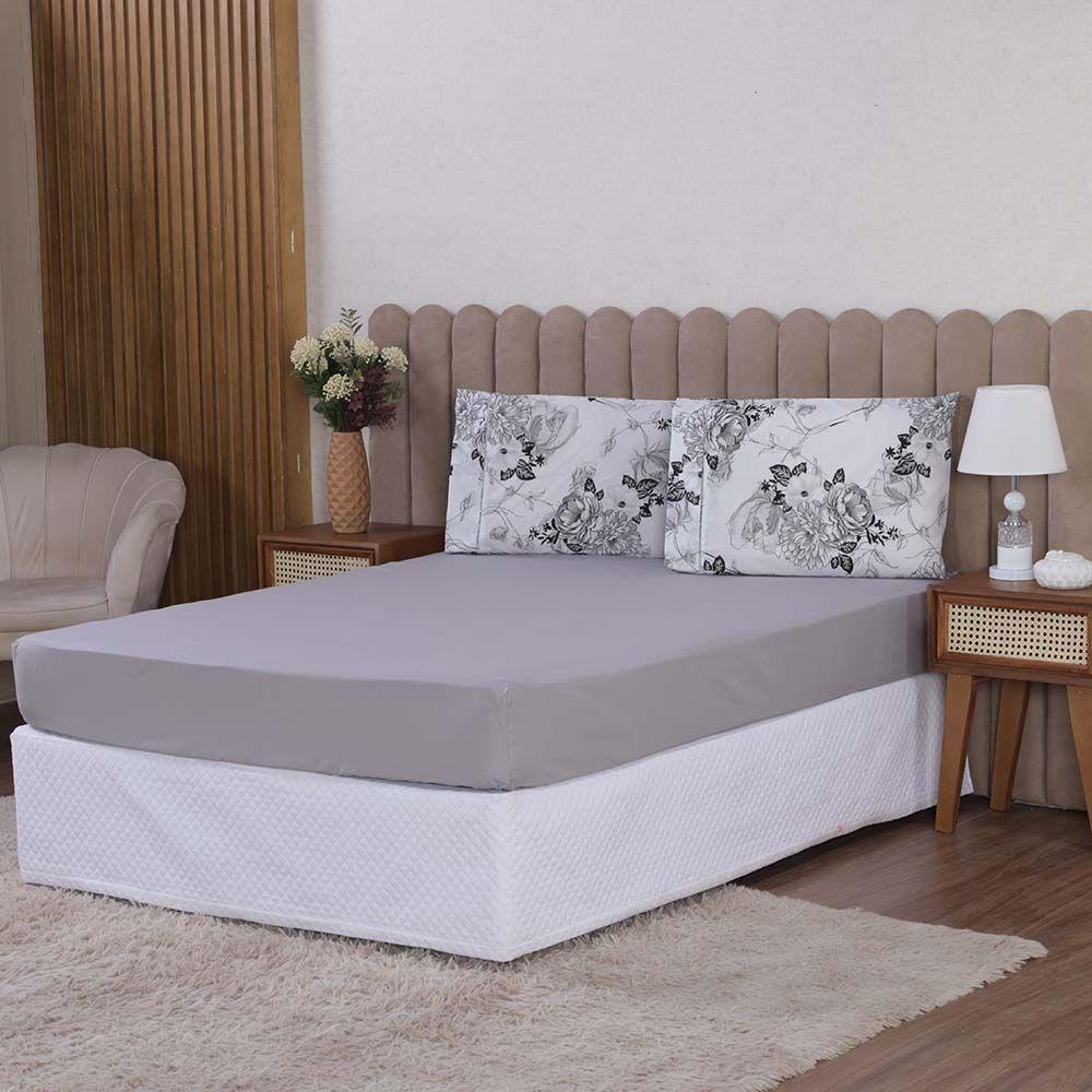 Jogo De Lençol Beatriz King 3 Peças Percal 180 Fios 100% Algodão Ponto Palito - Cinza Floral - 1