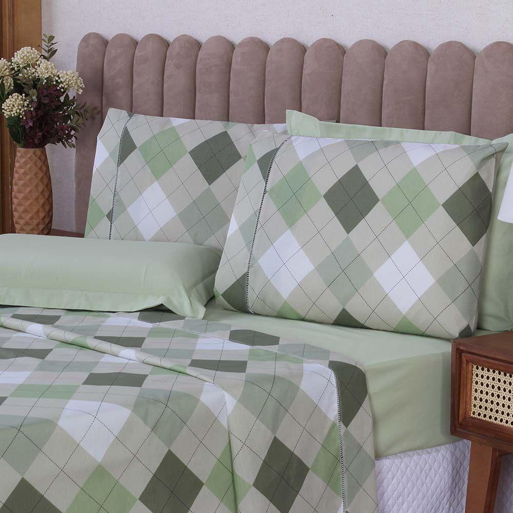 Jogo De Lençol Beatriz Solteiro 3 Peças Percal 180 Fios 100% Algodão Ponto Palito - Verde Xadrez - 2