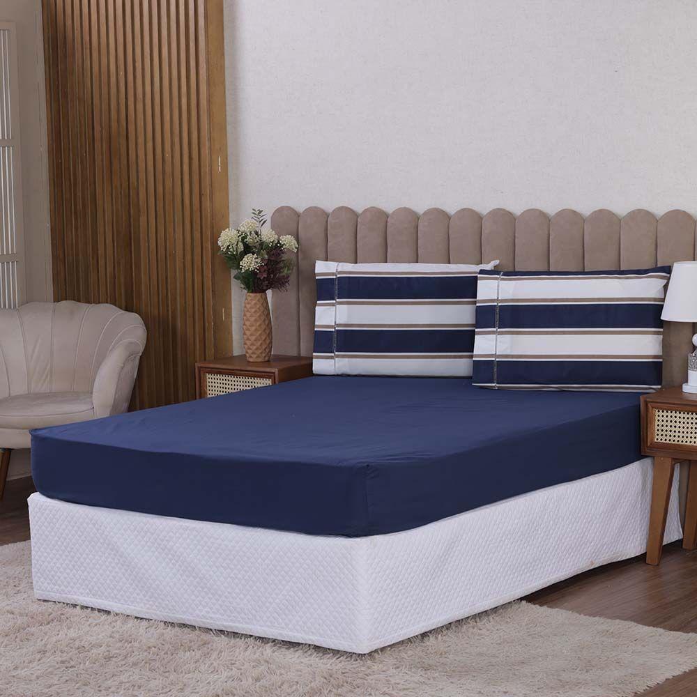 Jogo De Lençol Beatriz King 3 Peças Percal 180 Fios 100% Algodão Ponto Palito - Azul Marinho - 1