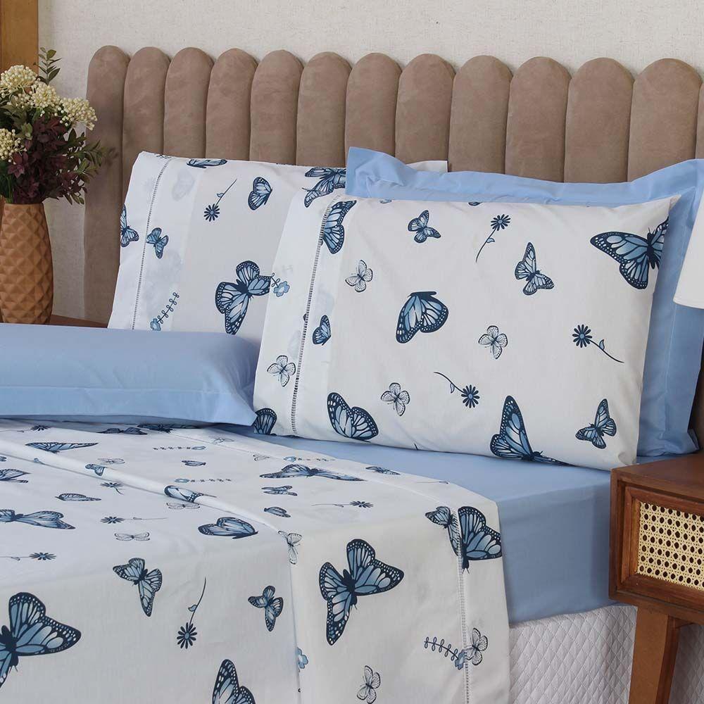 Jogo De Lençol Beatriz Solteiro 3 Peças Percal 180 Fios 100% Algodão Ponto Palito - Azul Borboleta - 2